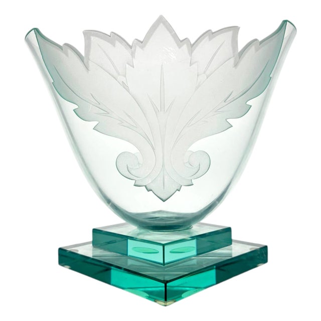 Circa 1990 Robert Guenther Signed Aqua Etched and Frosted Art Glass Leaf Vase For Sale