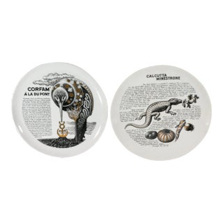 Piero Fornasetti Porcelain Cook Plates-Calcutta Minestrone and Corfam Du Pont With Original Faux Hide Box For Sale