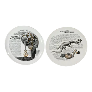 Piero Fornasetti Porcelain Cook Plates-Calcutta Minestrone and Corfam Du Pont With Original Faux Hide Box