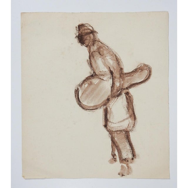 French Mid 20th Century French Impressionist Study of Musician Sepia Watercolor Painting For Sale - Image 3 of 3