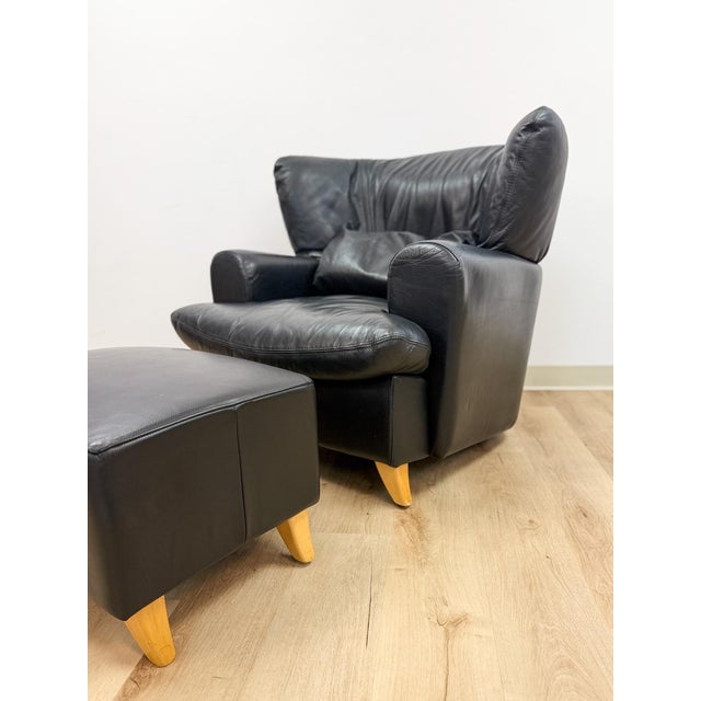 Late 20th Century Late 20th Century Calia Salotti Italian Black Leather Chair and Ottoman Set Made in Italy For Sale - Image 5 of 12