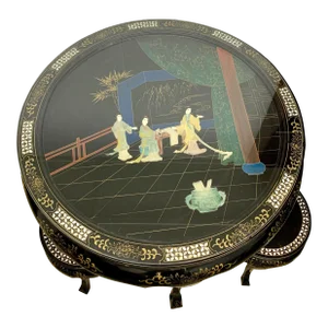 Black Lacquer Oriental Table With Stone Geisha Scene & 4 Stools - Mid-20th Century