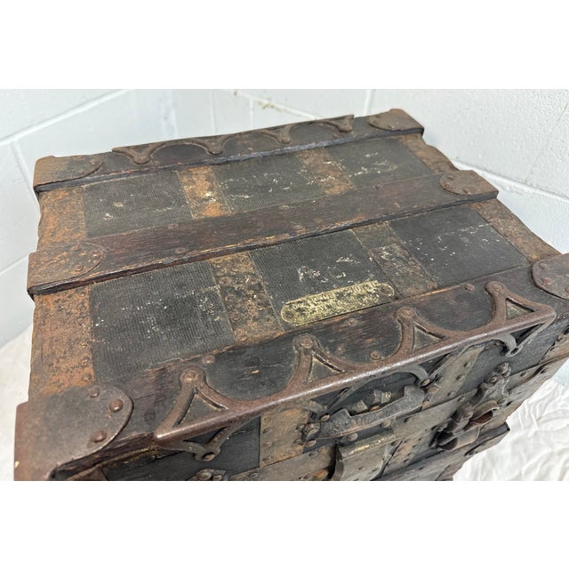 Brass Rare Antique Miniature 19th Century Handmade Wood Iron Taylor Steamer Trunk For Sale - Image 8 of 17