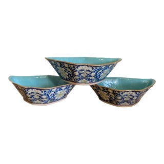 Set of 3 Antique Chinese Lotus Pattern Bat-Shaped Porcelain Dish For Sale