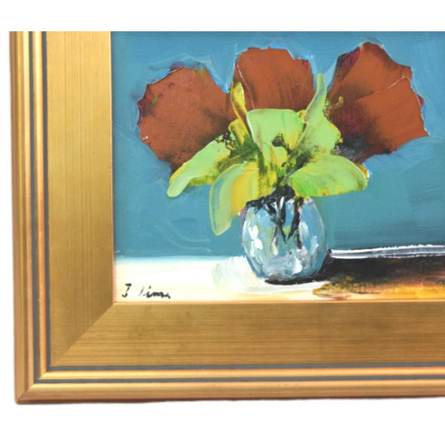 Impressionist abstract bouquet of colorful flowers in a vase, oil painting on stretched artist canvas. The talented artist...