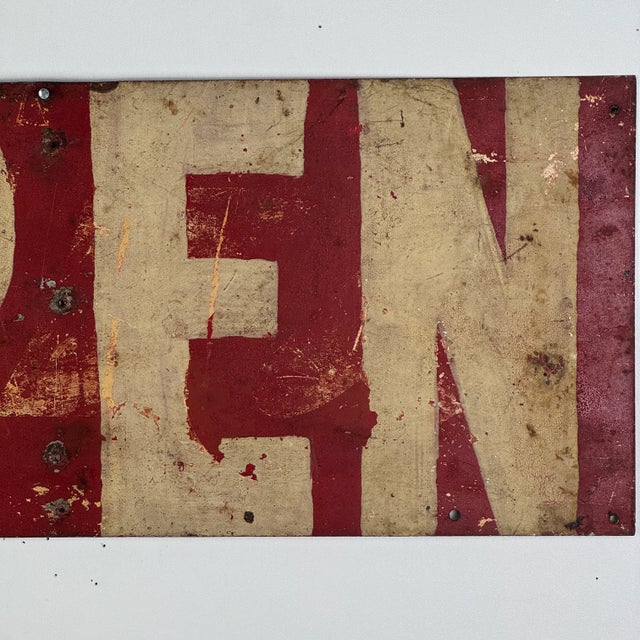 Mid 20th Century Vintage Large Hand Made Double Sided "Open/Closed" Metal Sign in Firetruck Red For Sale - Image 5 of 9