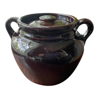 Antique Dark Brown Glazed Stoneware Baked Bean Pot Crock With Lid For Sale