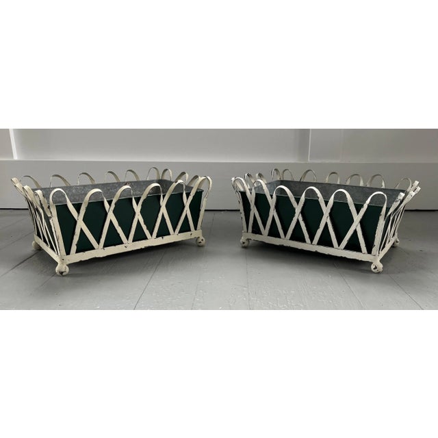 Mid-Century Modern 1930's White Painted Zinc Cachepot Planters or Jardinieres With Green Tole Liners on Ball Feet - a Pair For Sale - Image 3 of 13