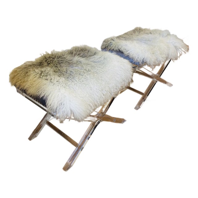 Pair of Vintage Lucite X Bench Tufted Velvet Lambskin Billi Bass For Sale