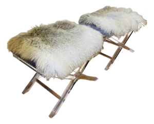 Pair of Vintage Lucite X Bench Tufted Velvet Lambskin Billi Bass