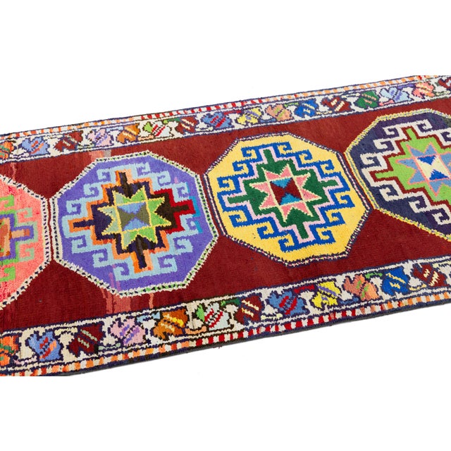 Vintage Turkish Hand-Knotted Wool Runner With Colorful Octagonal Medallions For Sale - Image 10 of 10