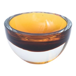 Vintage Signed Murano Thick Walled Sommerso Glass Bowl Amber, Brown, Clear, 1960's For Sale