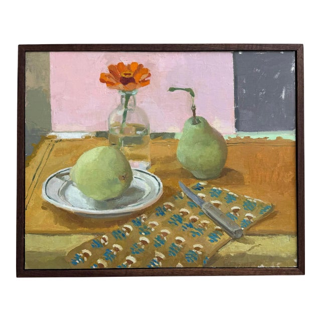 Two Pears and an Orange Zinnia, Contemporary Still Life Painting, Framed For Sale