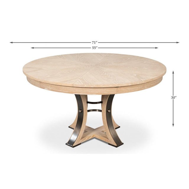 Transitional Round Dining Table, Medium – Bleached Oak With Hammered Iron Accents For Sale - Image 11 of 11
