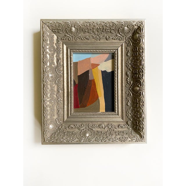 Abstract Set of 3 Original Paintings in Blue and Brown With Silver Vintage Frames For Sale - Image 3 of 7