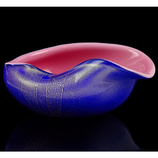Glass Vintage Seguso Murano Blue Sapphire Pink Gold Flecks Italian Art Glass Mid Century Bowl Dish For Sale - Image 7 of 9
