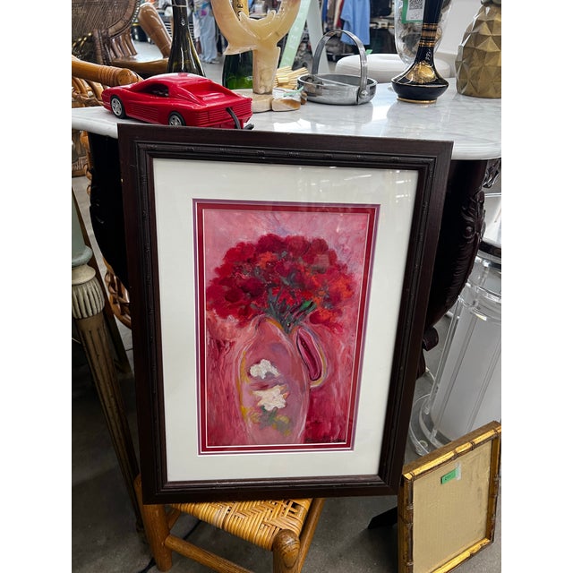 1970s Vintage Red and Pink Floral Framed Print For Sale - Image 5 of 5