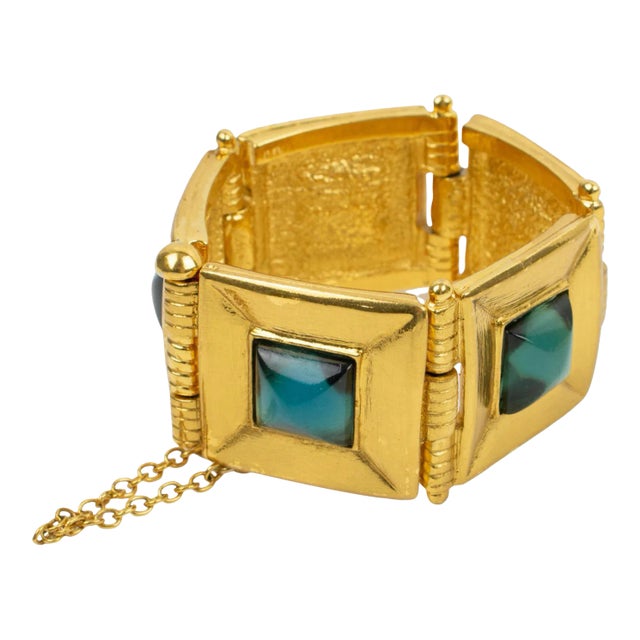 Jean Louis Scherrer Gilt Metal Jeweled Link Turquoise Resin Cabochon Bracelet For Sale