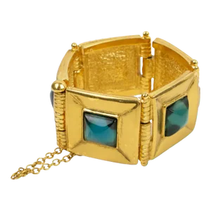 Jean Louis Scherrer Gilt Metal Jeweled Link Turquoise Resin Cabochon Bracelet