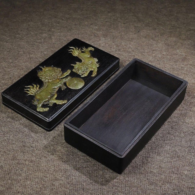 Black Zitan Wood Box Inlaid With Jade Lion Motif For Sale - Image 4 of 9