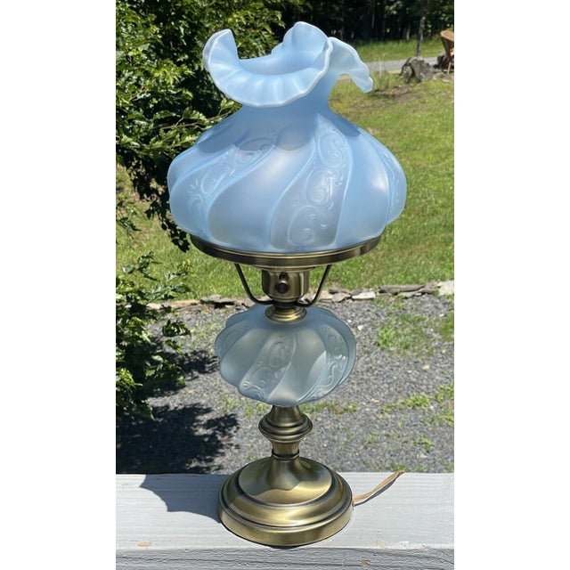 Rare Vintage Ice Blue Satin Frost Fenton Paisley Glass Table Lamp 20th C. For Sale - Image 10 of 18
