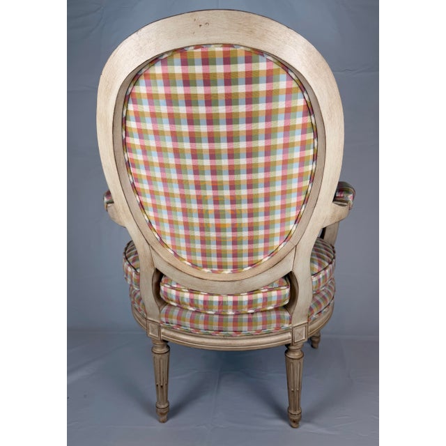 Late 20th Century Louis XVI Style Creme Painted Upholsterer Fauteuil Armchair For Sale - Image 4 of 11