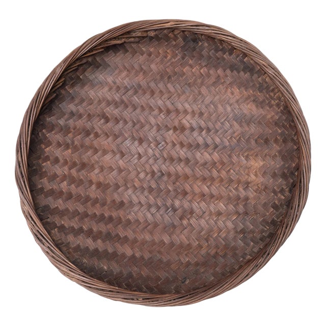 Chinese Woven Bamboo Tray Basket, C. 1900 For Sale