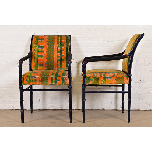 Mid-Century Hollywood Regency Ebonized Faux Bamboo Armchairs With Jack Lenor Larsen Upholstery, Pair For Sale - Image 9 of 11