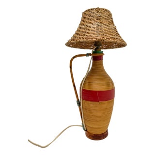 Vintage French Glass and Rattan Bottle Jar Table Lamp, 1960s For Sale