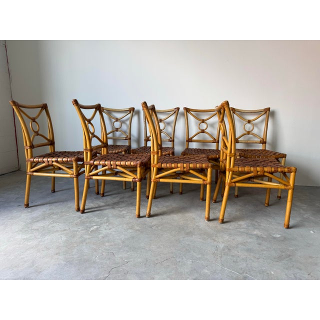 Mid-Century Modern Vintage McGuire-Style Boho Chic Coastal Rattan & Leather Dining Chairs – Set of 8 For Sale - Image 3 of 12