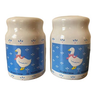 Vintage Picnic Grill Barbecue Blue and White Geese Large Porcelain Salt and Pepper Shakers- a Pair For Sale