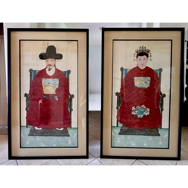 A pair of large Korean antique 18th/19th century Official portraits of male and female (husband and wife), painted in...