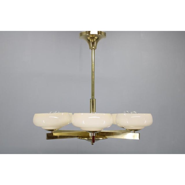 Art Deco Brass Chandelier with Opaline Glass, Czechoslovakia, 1930s For Sale - Image 4 of 15