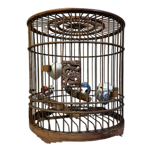 Antique Cantonese Carved Teak Wood Bird or Canary Cage With 5 Blue & White Porcelain Bowls