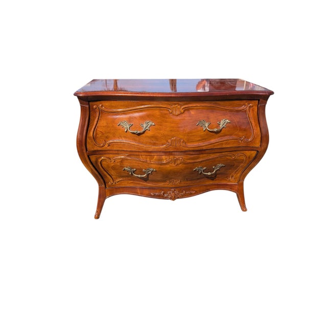 Brass Pair of Vintage Henredon Louis XV Bombé Walnut Chests / Oversized Nightstands For Sale - Image 8 of 10