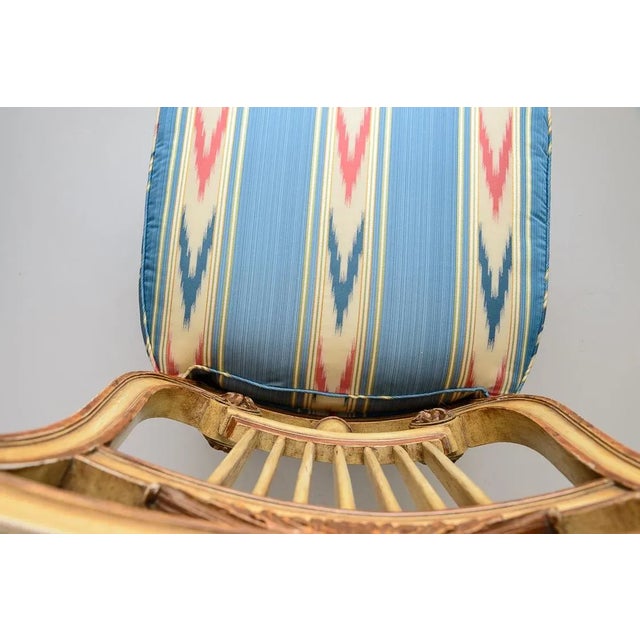 Pair French Lyre Back Painted Slipper Chairs, Blue Silk Irate Fabric For Sale - Image 10 of 13