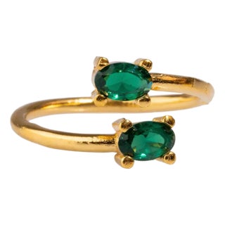 Double Emerald Stone & Gold Dainty Adjustable Ring, Size 4 For Sale