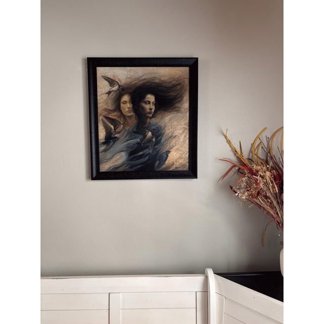 The Weight of Silence by Terra Novak | Oil on wood depicting two women with flowing hair. For Sale