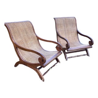 Mid 20th Century Pair of Indonesian Teak & Cane Plantation Chairs - British Colonial/Planter's Style For Sale