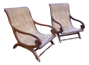 Mid 20th Century Pair of Indonesian Teak & Cane Plantation Chairs - British Colonial/Planter's Style