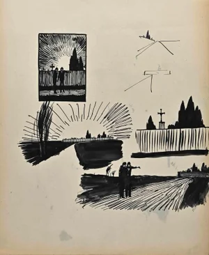 Norbert Meyre, The Men on the Bridge, Pencil Drawing, Mid 20th-Century
