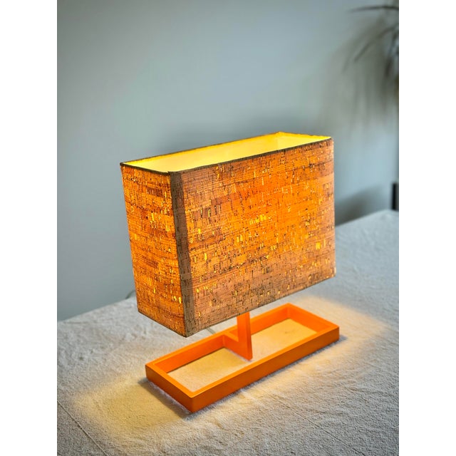 Vintage Italian Postmodern Style Orange Table Lamb With Rectangular Cork Lamp Shade in Style of Memphis Milano Modernist Design For Sale - Image 10 of 12