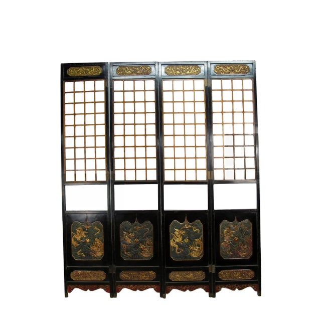 Antique Chinese Room Divider W Hand Carved & Gilded Dragons on Both Sides - Set of 4 For Sale - Image 13 of 13