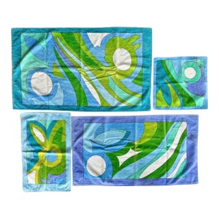 Rare Vintage 1970s Emilio Pucci Italy Bath Towels 4 Pc Set Cotton Velour Velvet For Sale