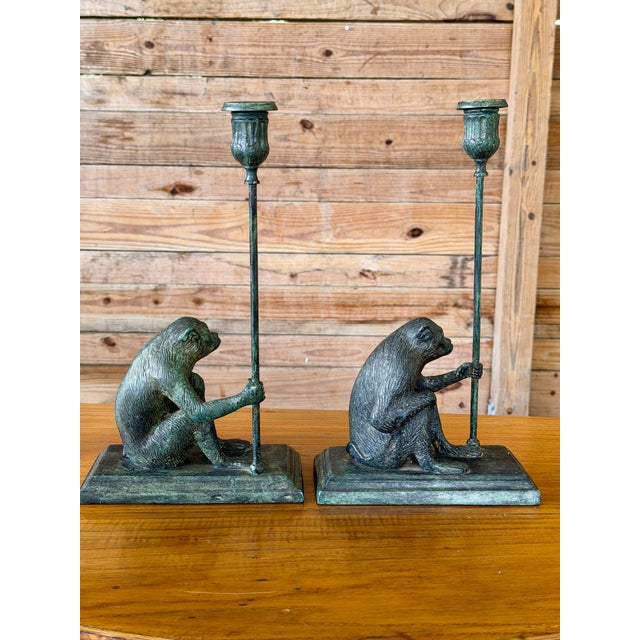 1990s Pair of Maitland-Smith Sculptural Figurative Verdigris Patina Monkey Candlesticks For Sale - Image 5 of 12