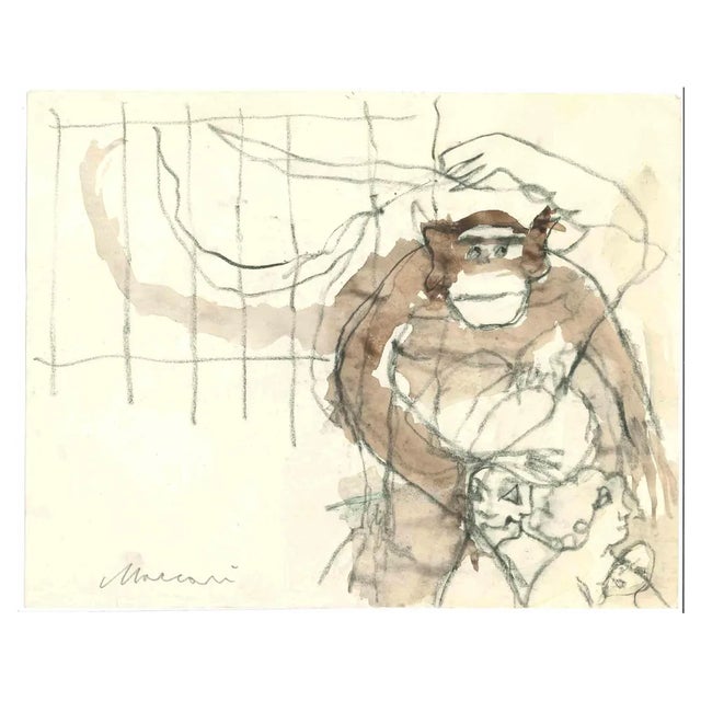 Mino Maccari, Gorilla, Pencil & Watercolor Drawing, 1970s For Sale
