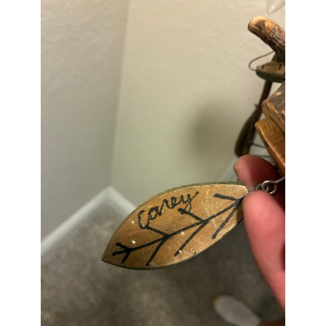 Vintage Folk Art Hummingbird Chandelier Signed Carey Handmade Wood Hanging Light For Sale - Image 10 of 12