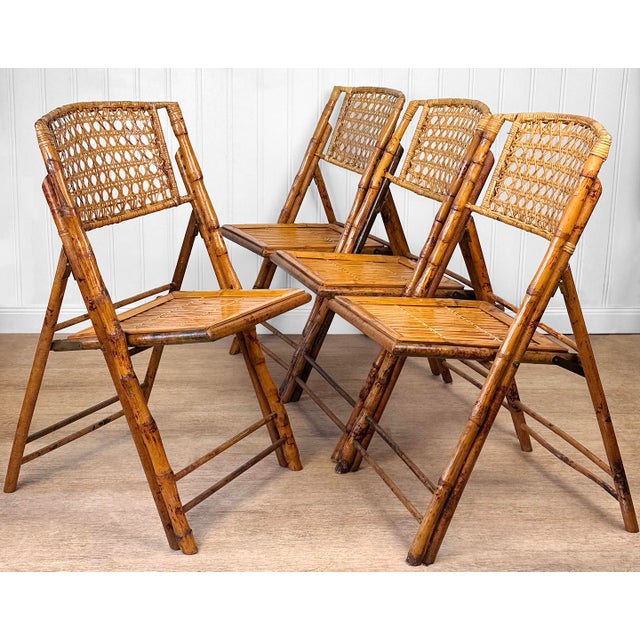 Vintage 1970s Coastal Rattan Bamboo Folding Bistro Chairs - Set of 4 For Sale - Image 4 of 12