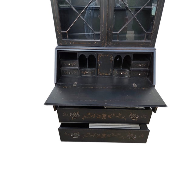 1990s Ethan Allen Newport Liliana Secretary Writing Desk Hutch Display Chinoiserie For Sale - Image 9 of 18