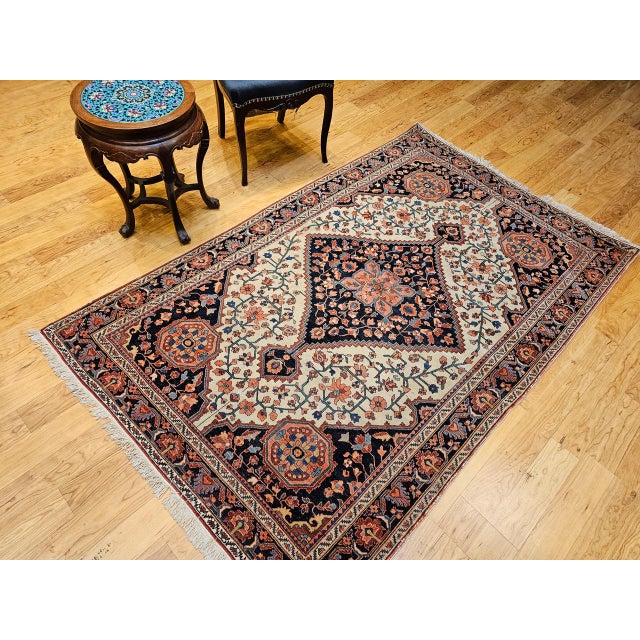19th Century Persian Farahan Sarouk Rug, Hand-Knotted Wool, Floral Medallion Pattern, Ivory & Blue, 5x7 For Sale - Image 9 of 17